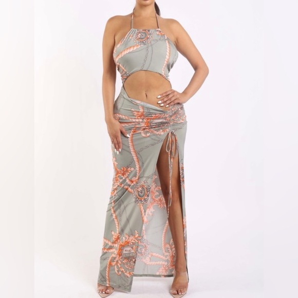 Sage Combo printed Halter Cutout Ruched Bodycon Maxi Dress - Picture 3 of 6